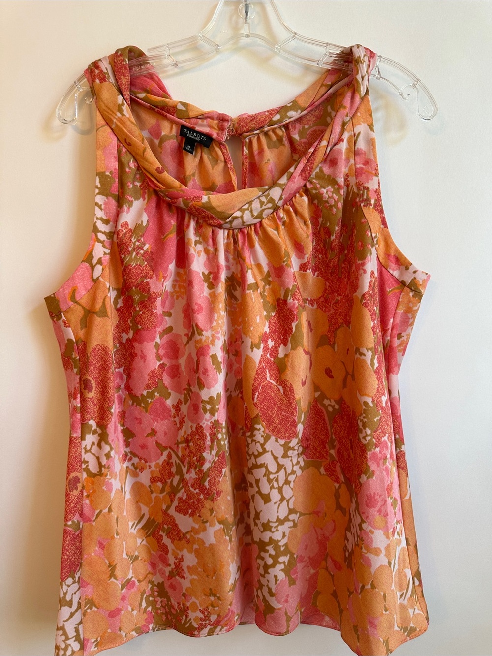 Talbots Pink and Orange Floral Twist-Neck Sleeveless Camisole Blouse